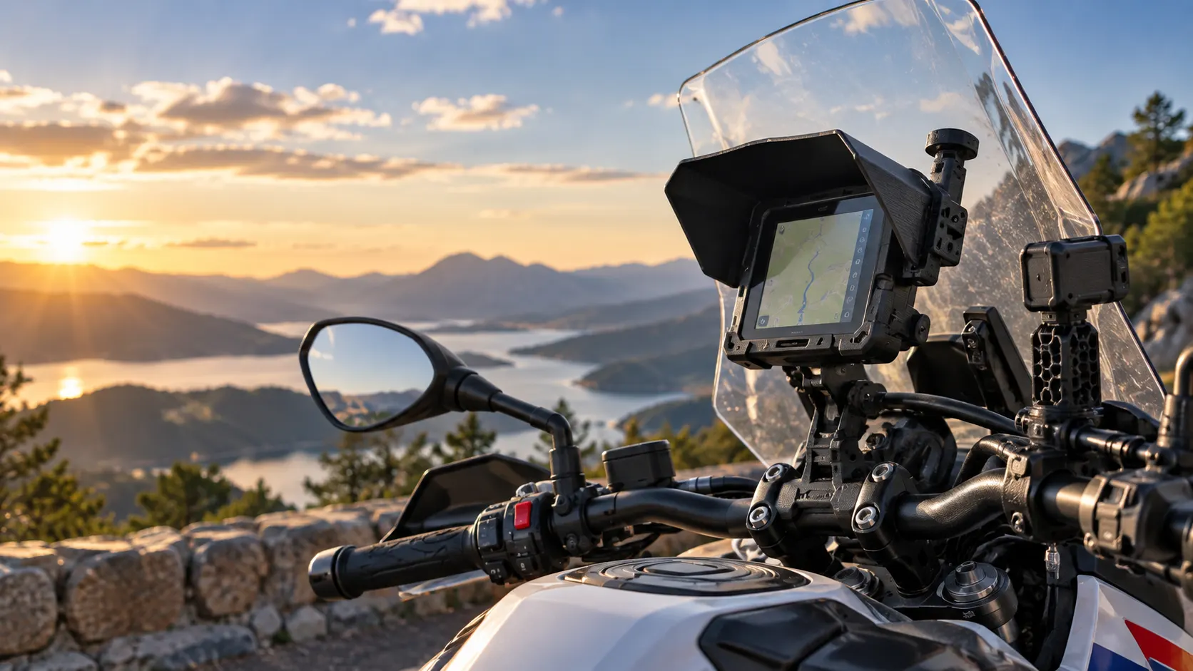 Navegador montado en el manillar de una moto de aventura al atardecer