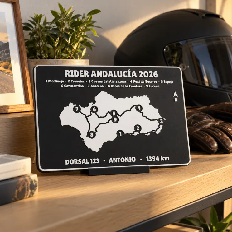 Placa de tu Rider Andalucía 2026, con tu orden, dorsal y nombre