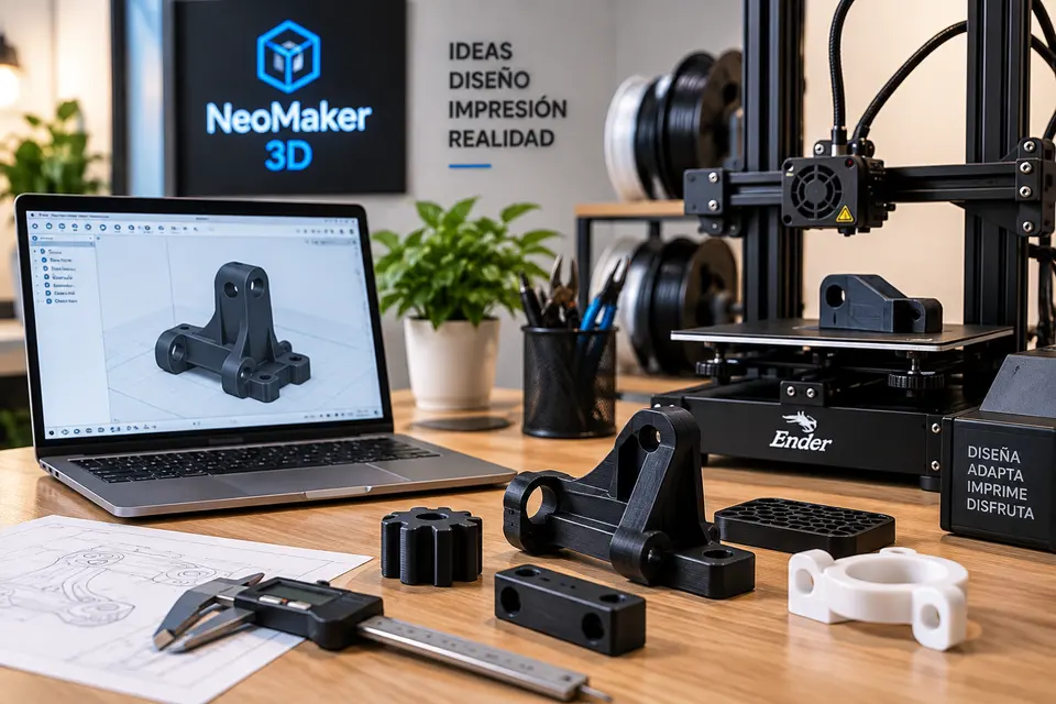 Mesa de trabajo con portátil de diseño 3D, impresora y piezas